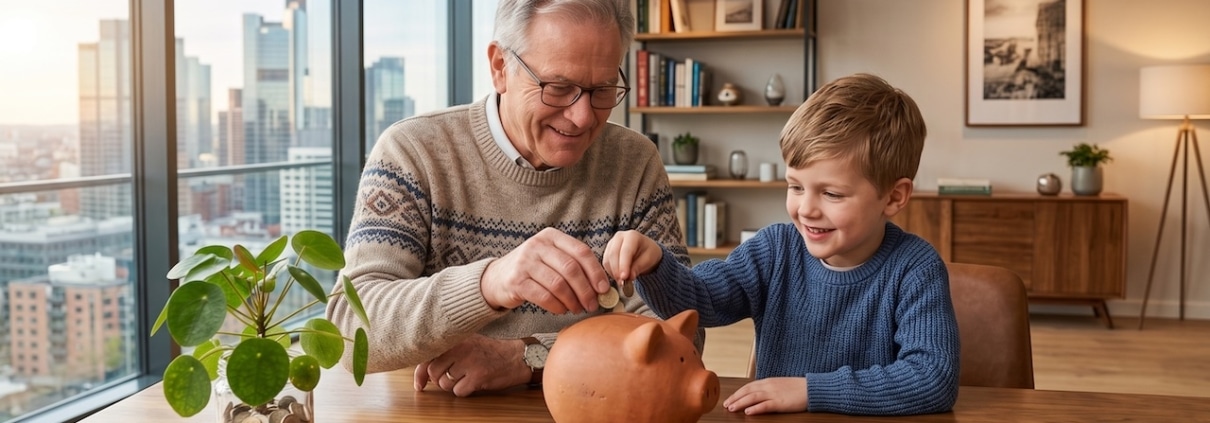Opa und Enkelkind stecken gemeinsam Münzen in ein Sparschwein — Sparen für Enkelkinder