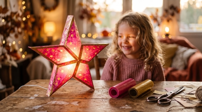 Selbst gebastelte, hell leuchtende Stern-Laterne in Pink und Gold, daneben ein lachendes Mädchen im weichen Abendlicht
