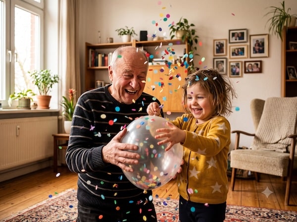 Opa und Enkel lassen eine selbst gebaute Konfettikanone aus einem Luftballon platzen
