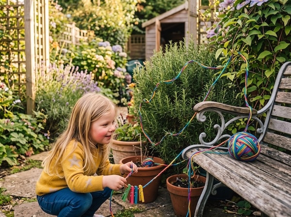 Buntes Wollknäuel spannt sich als Schnitzeljagd durch den Garten