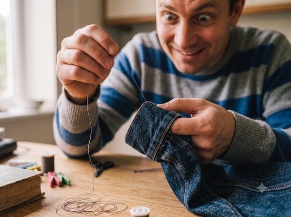 Ein loser Faden baumelt scheinbar endlos aus einem Pullover