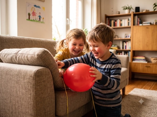 Kinder verstecken kichernd einen Luftballon hinter einem Sofakissen