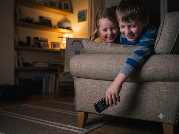 Ein kleines Aufnahmegerät wird kichernd unter dem Sofa versteckt
