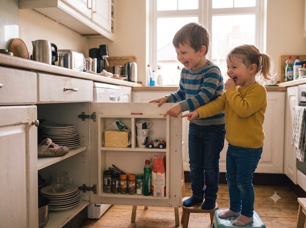 Kinder kichern, weil in einem Küchenschrank plötzlich die falschen Dinge stehen
