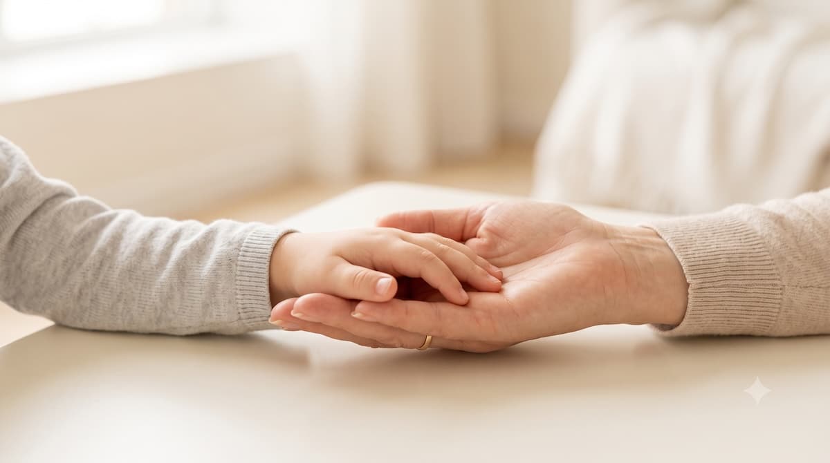 Die gepflegte Hand einer Großmutter hält behutsam die kleine Hand des Enkelkindes vor hellem, modernem Hintergrund – Symbolbild für das Umgangsrecht der Großeltern