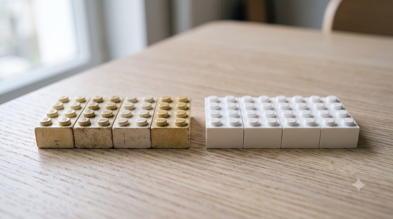 Vergleich vergilbter alter LEGO-Steine mit strahlend weißen neuen Steinen auf einem Holztisch.