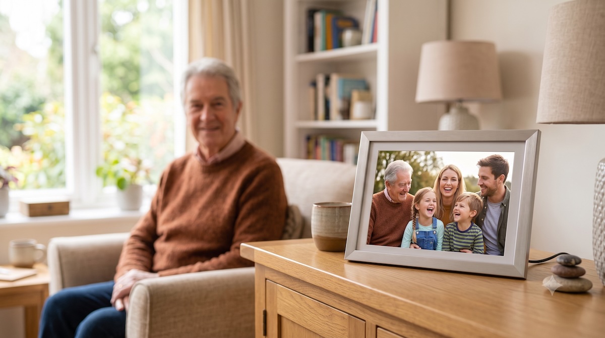 Digitaler WLAN-Bilderrahmen für Senioren mit Familienfotos auf dem Wohnzimmertisch