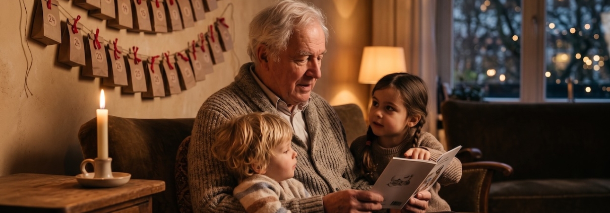 Großvater sitzt mit zwei Enkelkindern auf dem Sofa und liest aus einem Heft vor, daneben eine brennende Kerze, an der Wand ein Adventskalender aus Papiertüten