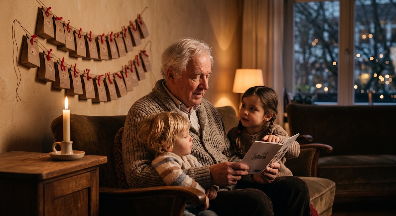 Großvater sitzt mit zwei Kindern auf dem Sofa und liest aus einem Heft vor, daneben eine brennende Kerze und ein Adventskalender an der Wand