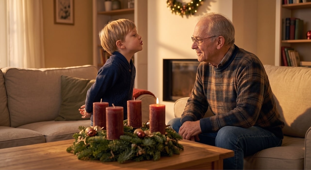 Großvater und Enkelkind sitzen am Adventskranz mit einer brennenden Kerze, das Kind sagt aus dem Gedächtnis ein Gedicht auf