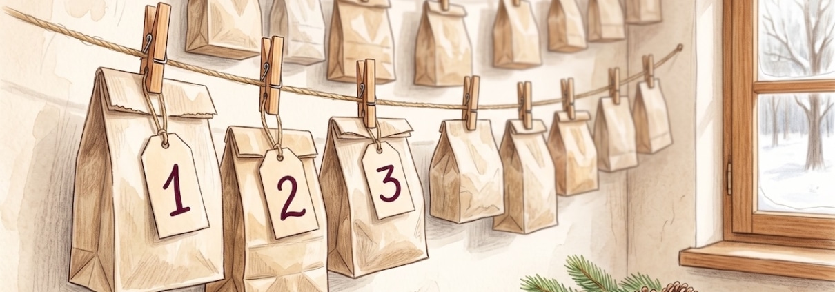 Selbst gebastelter Adventskalender aus Papiertüten an zwei Schnüren, die vordersten drei mit den Zahlen 1, 2 und 3 beschriftet