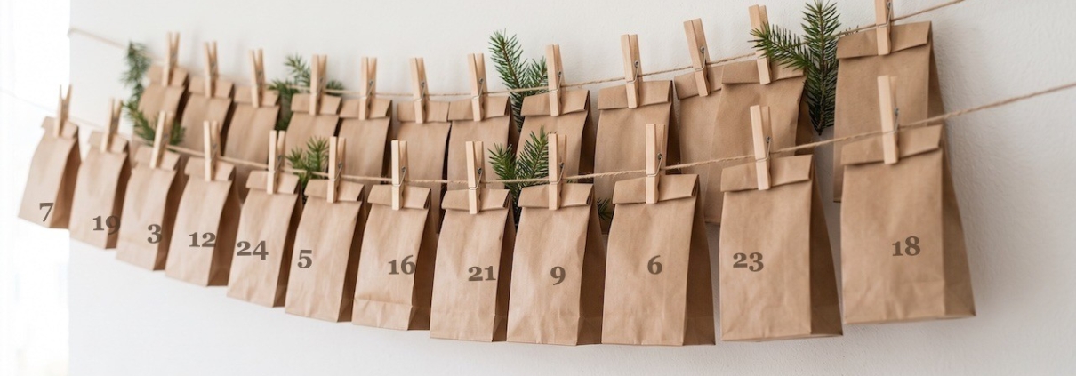 Selbst gebastelter Adventskalender aus 24 nummerierten Papiertüten, die mit Wäscheklammern an zwei Schnüren vor einer hellen Wand hängen