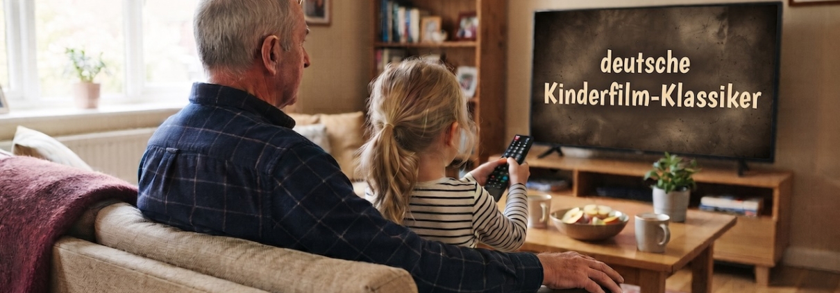 Kinderhände halten eine alte Videokassette mit der handgeschriebenen Aufschrift Opas Lieblingsfilm, dahinter ein Karton mit weiteren Kassetten und Filmspulen