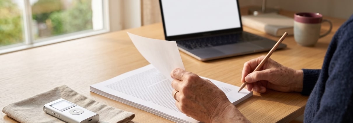 Aufnahmegerät neben einem Stapel ausgedruckter Seiten auf einem Schreibtisch, eine Hand blättert das oberste Blatt um