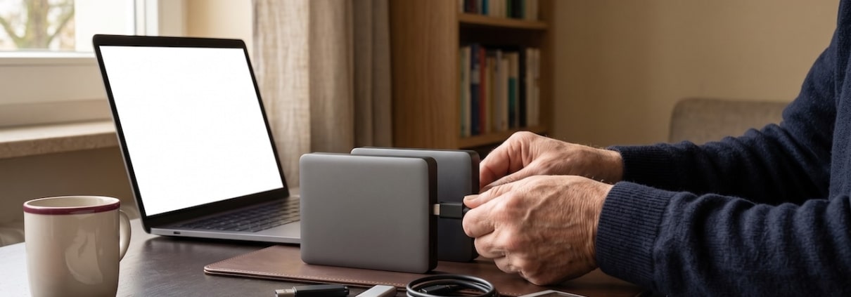 Zwei externe Festplatten, USB-Sticks und ein Laptop auf einem Schreibtisch, Hände stecken ein Kabel an