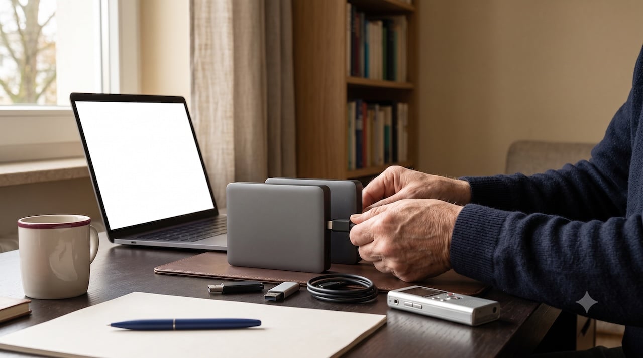 Zwei externe Festplatten, USB-Sticks und ein Laptop auf einem Schreibtisch, Hände stecken ein Kabel an