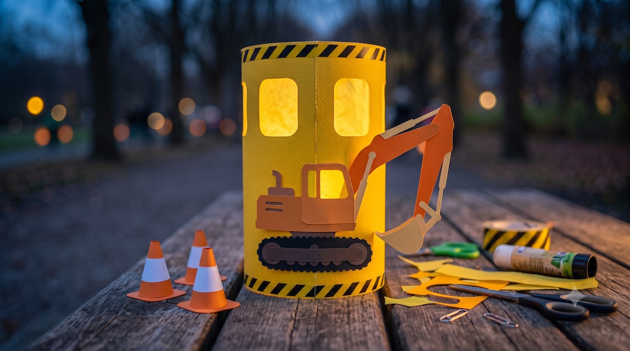 Fertige Bagger-Laterne auf einem Holztisch: gelber Zylinder mit leuchtenden Fenstern, schwarz-gelben Warnbändern und aufgeklebtem Bagger aus orangem Papier, daneben Verkehrshütchen und Bastelmaterial