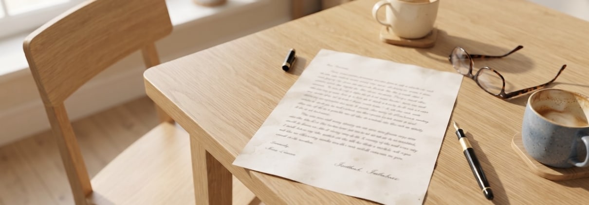 Handgeschriebenes Testament auf einem Küchentisch, daneben zwei Kaffeetassen und eine Lesebrille