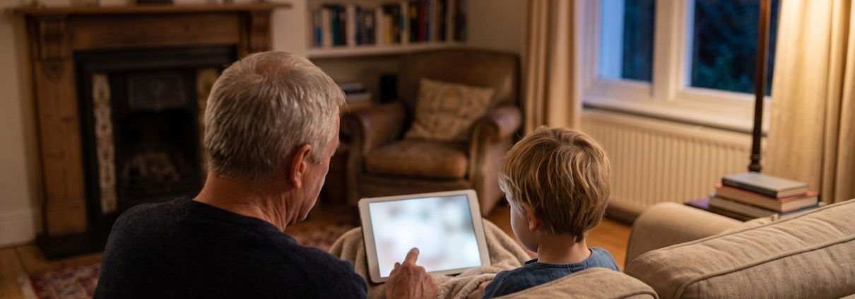 Großvater und Enkelkind sitzen von hinten gesehen nebeneinander auf dem Sofa und schauen gemeinsam auf ein Tablet