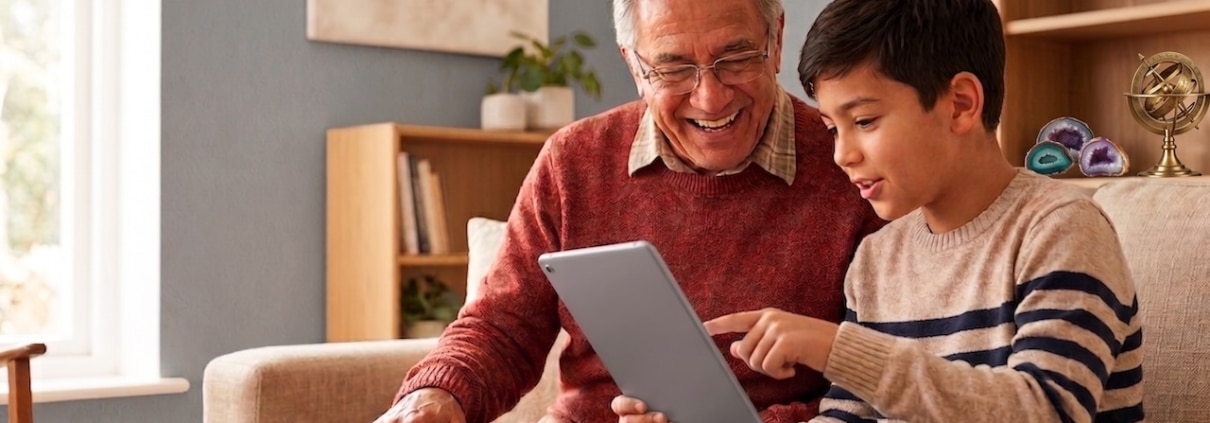 Großvater und Enkel sitzen nebeneinander auf dem Sofa, der Junge zeigt auf ein Tablet und erklärt etwas, der Großvater hört lachend zu