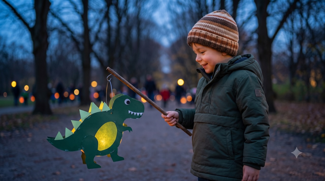 Junge trägt in der Abenddämmerung eine selbst gebastelte Dino-Laterne aus grünem Tonpapier, der Bauch leuchtet warm durch das Transparentpapier