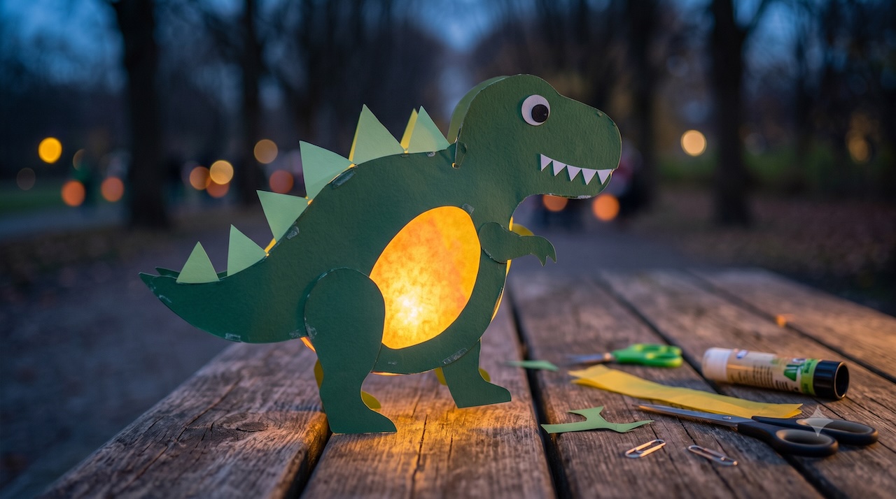 Fertige Dino-Laterne auf einem Holztisch: flache T-Rex-Silhouette aus grünem Tonpapier mit leuchtendem Bauchfenster, Rückenzacken, Zähnen und Auge