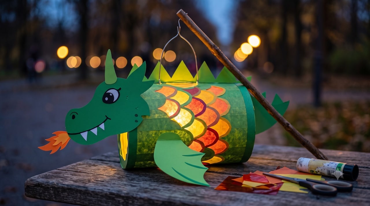 Fertige Drachen-Laterne aus grünem Tonkarton auf einem Holztisch, die schuppenförmigen Fenster leuchten in Rot, Orange und Gelb, daneben Papierreste und Schere