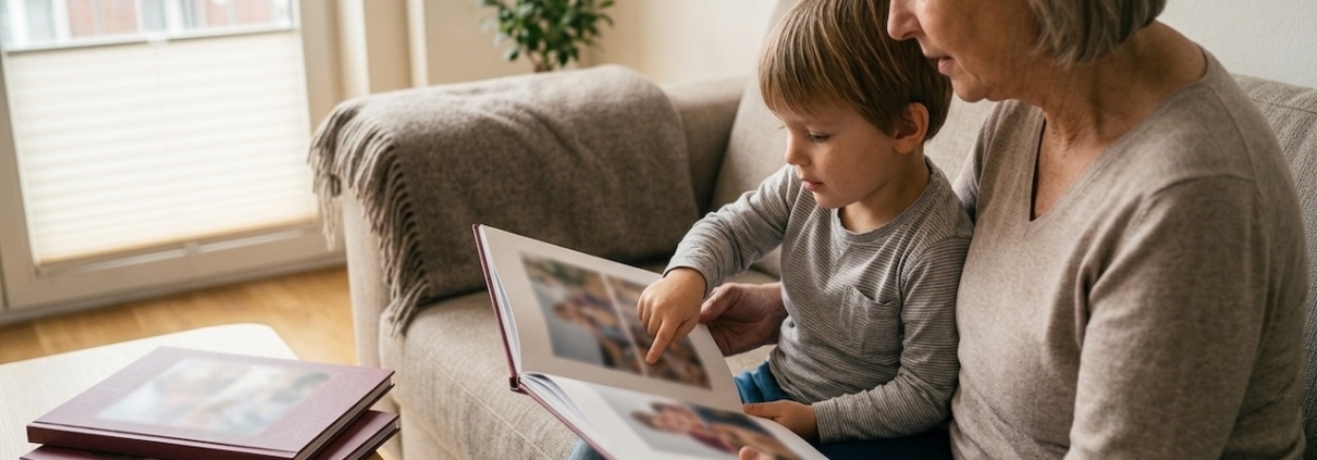 Großmutter und Enkelkind blättern gemeinsam im Fotobuch, weitere Jahrgangsbände liegen daneben