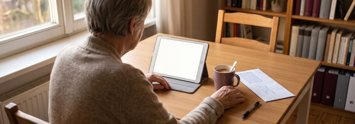 Großelternteil am Esstisch vor einem Tablet, daneben Briefumschlag und Stift