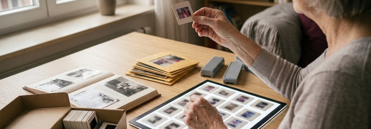 Alte Fotoalben, lose Papierabzüge und Diamagazine auf einem Esstisch, Hände sortieren die Bilder