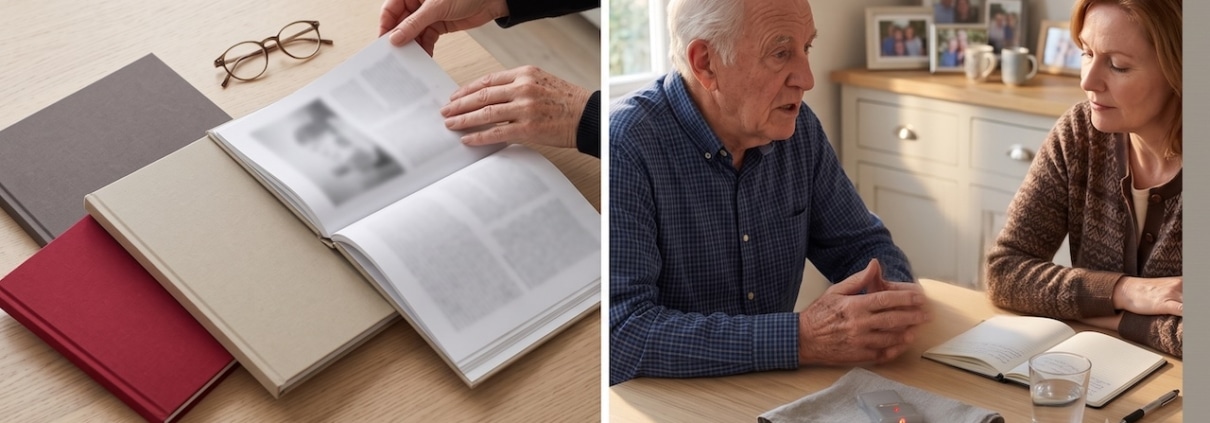 Drei fertig gedruckte Erinnerungsbücher in verschiedenen Größen auf einem Tisch, eine Hand prüft die Papierstärke