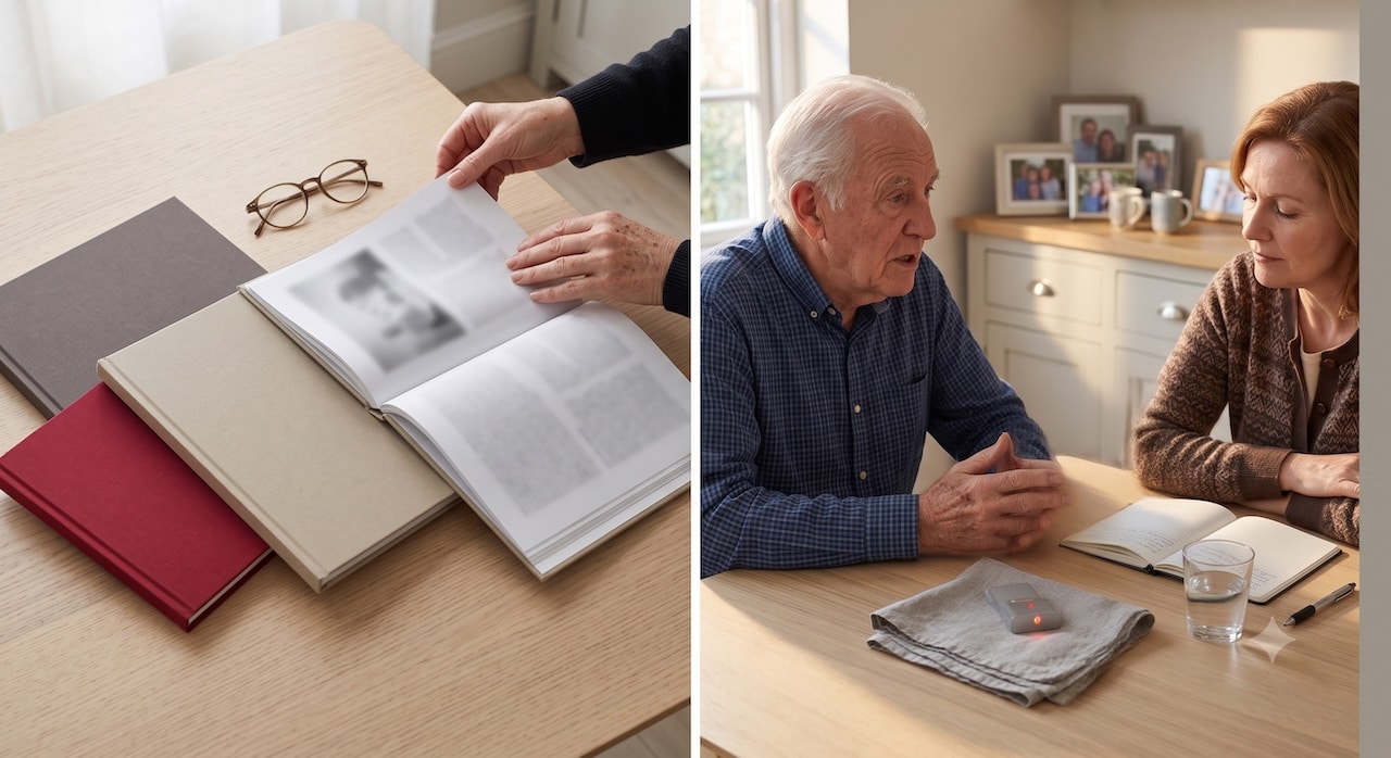 Drei fertig gedruckte Erinnerungsbücher in verschiedenen Größen auf einem Tisch, eine Hand prüft die Papierstärke