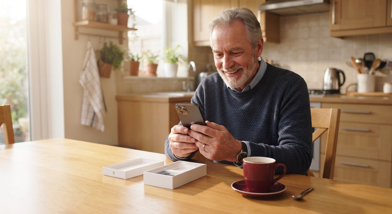 Erste Schritte mit dem iPhone: Großvater packt sein neues iPhone am Küchentisch aus