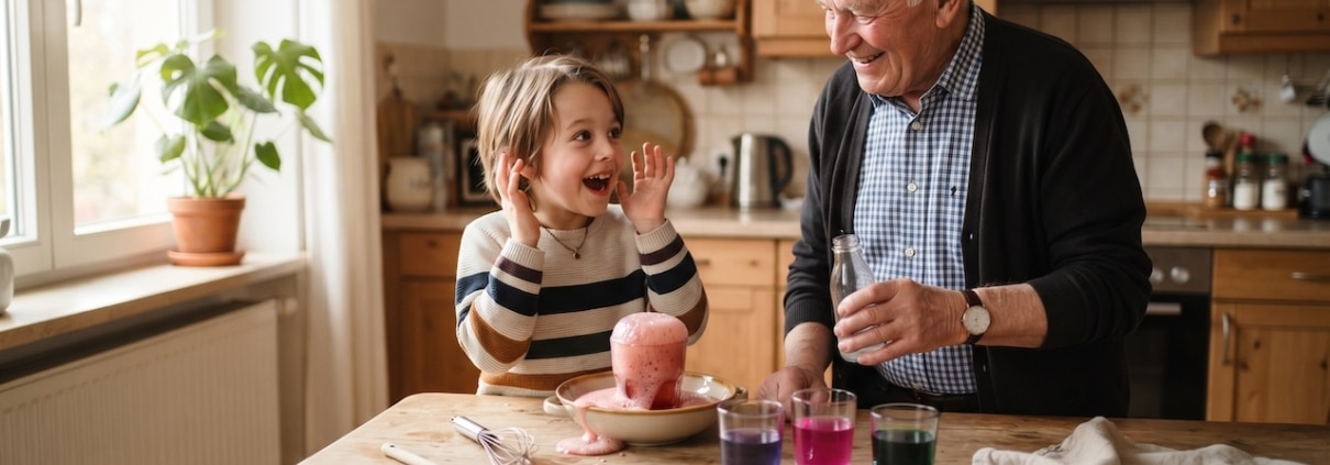 Großvater und Enkelkind am Küchentisch beim Backpulver-Vulkan, daneben Gläser mit Rotkohlsaft in verschiedenen Farben