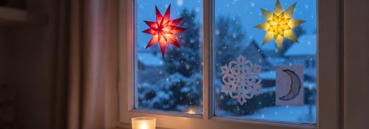 Fenster mit selbst gebastelten Sternen aus Transparentpapier und weißen Scherenschnitten, dahinter Dämmerung und Schnee