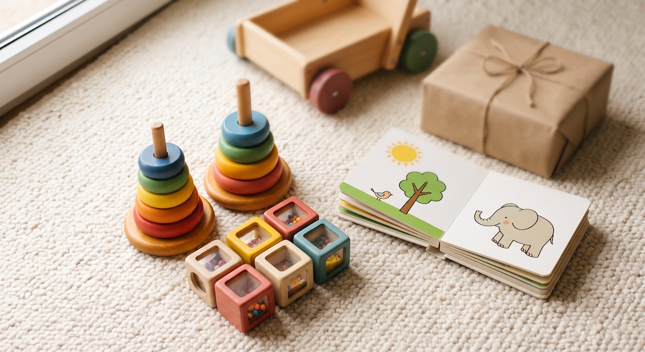 Geschenke zum 1. Geburtstag: Holzspielzeug, Bilderbuch und Bausteine auf einem Teppich
