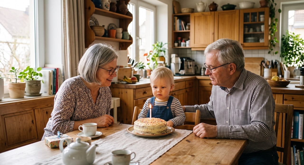 Großeltern und einjähriges Enkelkind am Küchentisch vor einem Kuchen mit einer brennenden Kerze