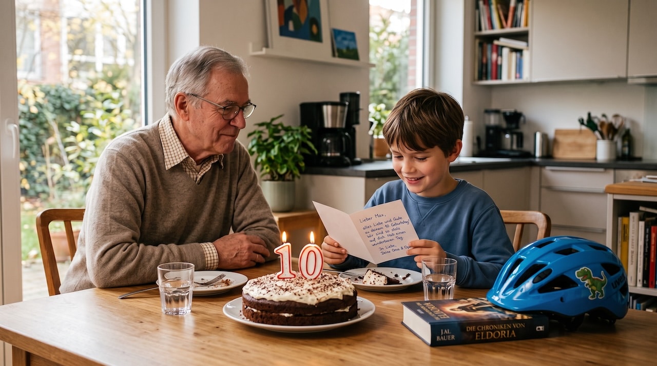 Zehnjähriger Junge liest am Geburtstagstisch die Karte von Oma und Opa, der Großvater sitzt daneben, auf dem Kuchen brennen die Zehnerkerzen