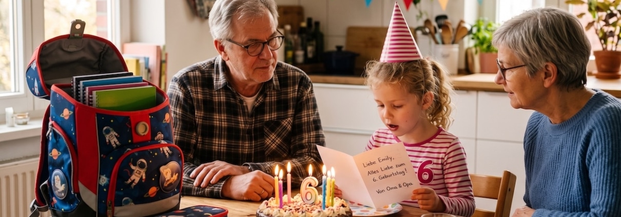 Sechsjähriges Kind liest am Geburtstagstisch die Glückwunschkarte von Oma und Opa laut vor, daneben steht der Schulranzen