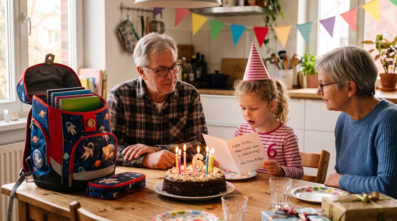 Sechsjähriges Kind liest am Geburtstagstisch die Glückwunschkarte von Oma und Opa laut vor, daneben steht der Schulranzen