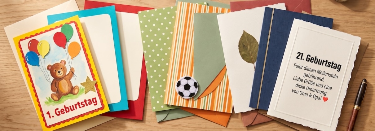 Mehrere Glückwunschkarten in verschiedenen Stilen liegen auf einem Holztisch, von kindlich-bunt bis schlicht und erwachsen