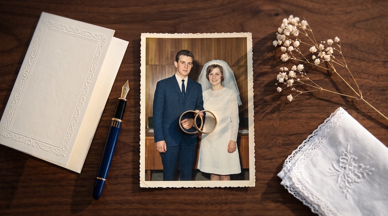 Zwei Eheringe auf einer Hochzeitsfotografie aus den sechziger Jahren, daneben eine Karte, ein Füllfederhalter und getrocknete Blüten