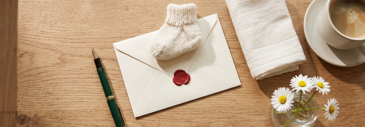 Ein verschlossener Briefumschlag mit rotem Siegel, darauf ein winziger gestrickter Babyschuh, daneben Füllfederhalter und Gänseblümchen