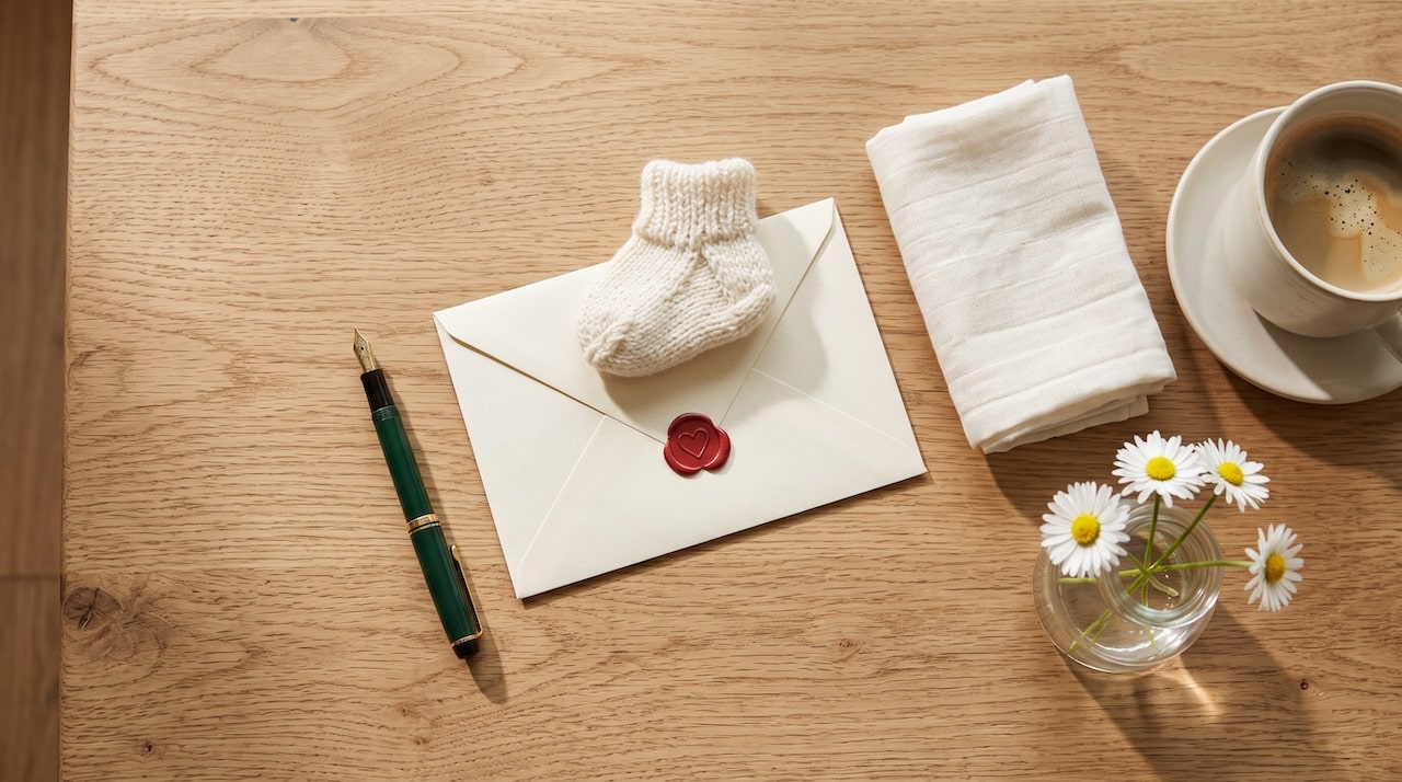 Ein verschlossener Briefumschlag mit rotem Siegel, darauf ein winziger gestrickter Babyschuh, daneben Füllfederhalter und Gänseblümchen
