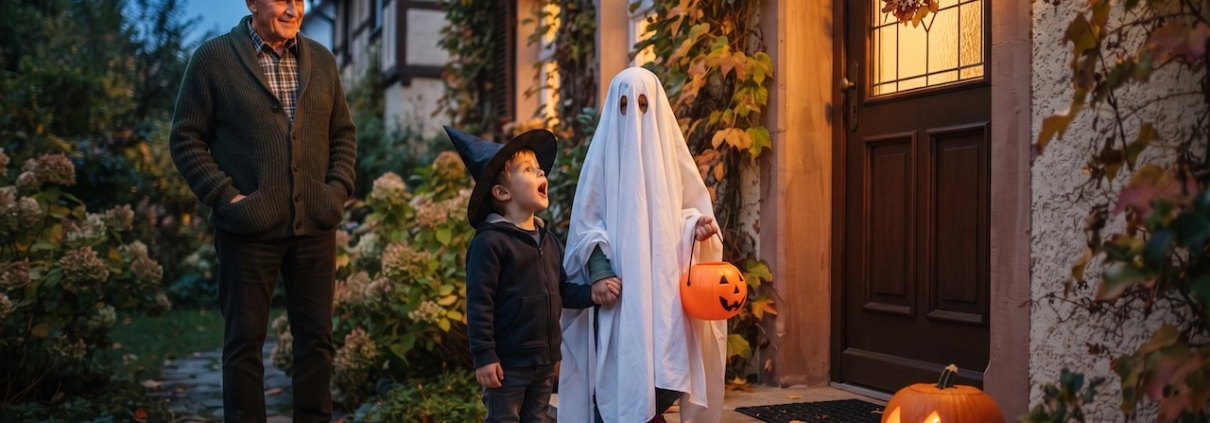 Zwei verkleidete Kinder sagen an einer Haustür ihren Halloween-Spruch auf, der Großvater wartet im Hintergrund auf dem Gartenweg.