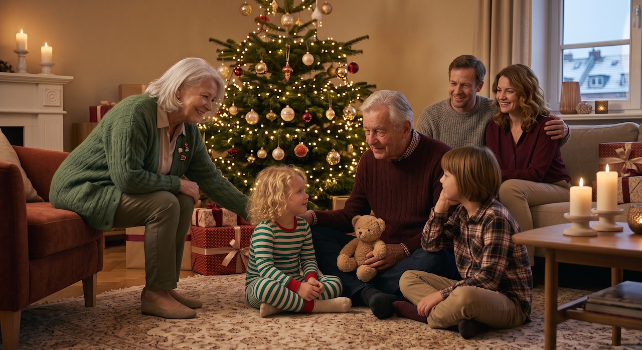 Zwei Enkelkinder sitzen mit dem Großvater auf dem Teppich vor dem geschmückten Weihnachtsbaum, die Großmutter beugt sich zu ihnen, die Eltern sitzen im Hintergrund auf dem Sofa