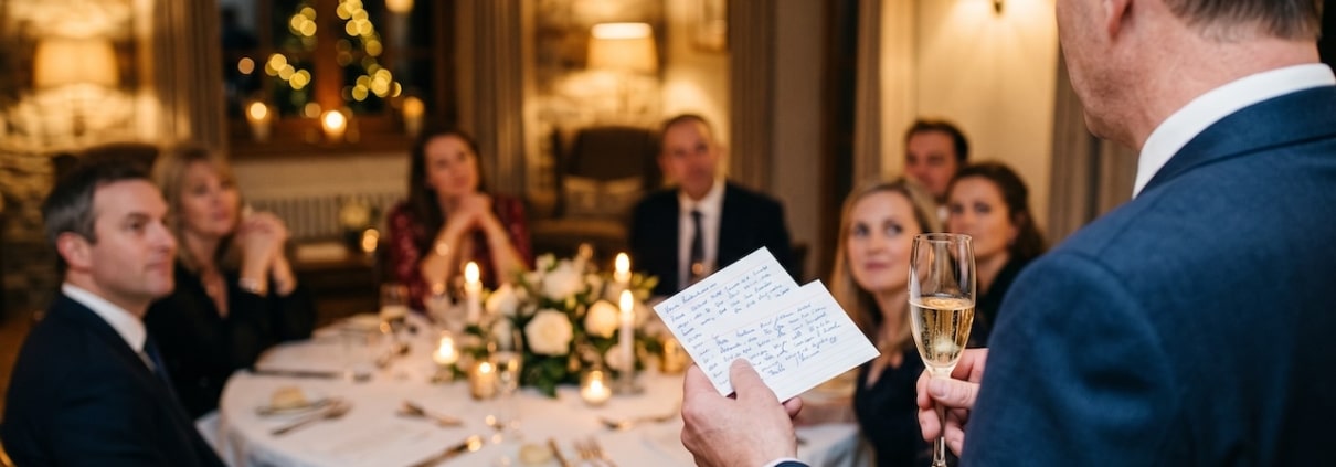 Redner von hinten mit Karteikarten und Sektglas vor einer festlich gedeckten runden Tafel mit Hochzeitsgästen