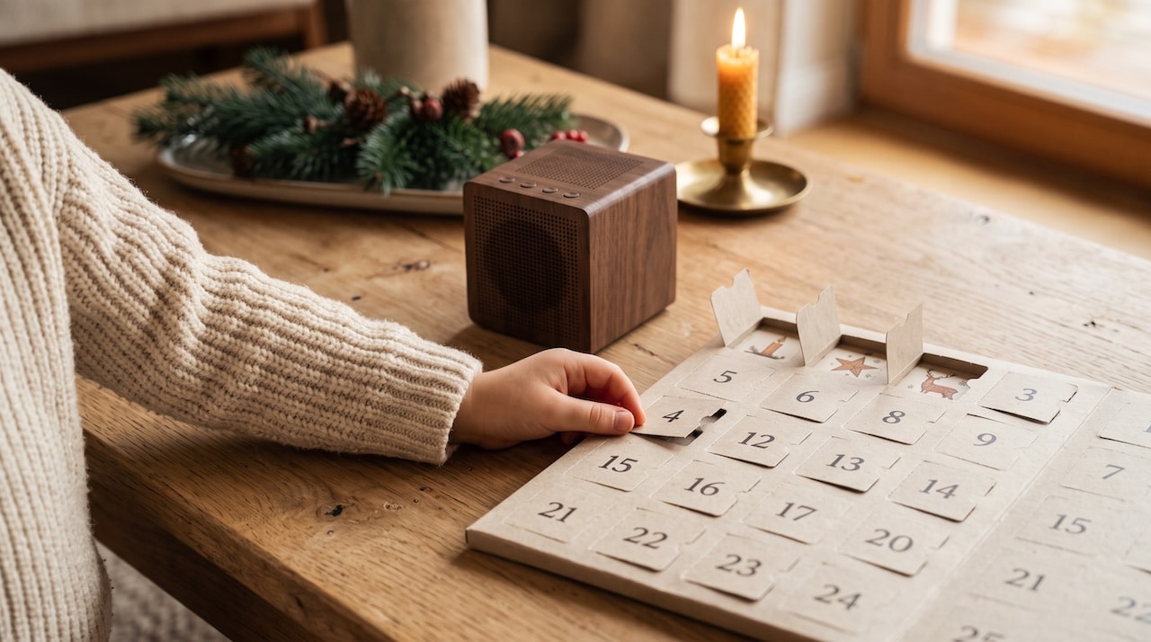 Holzlautsprecher neben einem Papier-Adventskalender, eine Kinderhand öffnet ein Türchen