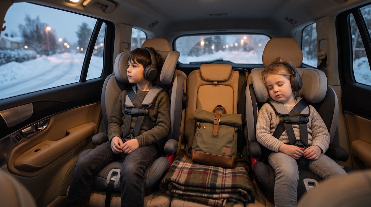 Zwei Kinder mit Kopfhörern in Kindersitzen auf der Rückbank, draußen verschneite Dämmerung