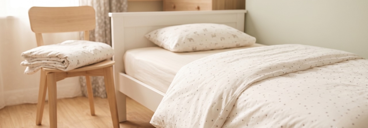 Frisch bezogenes Kinderbett im Gästezimmer, Großmutter streicht die Bettdecke glatt